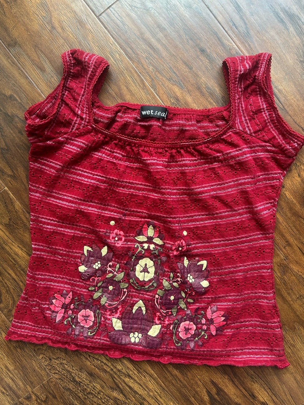 Wet Seal Vintage Red Babydoll top w/ stripes & embroidered florals • Small • Y2K - Picture 3 of 8